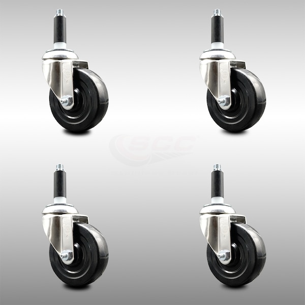 4 Inch 316SS Hard Rubber Wheel Swivel 7/8 Inch Expanding Stem Caster Set SCC